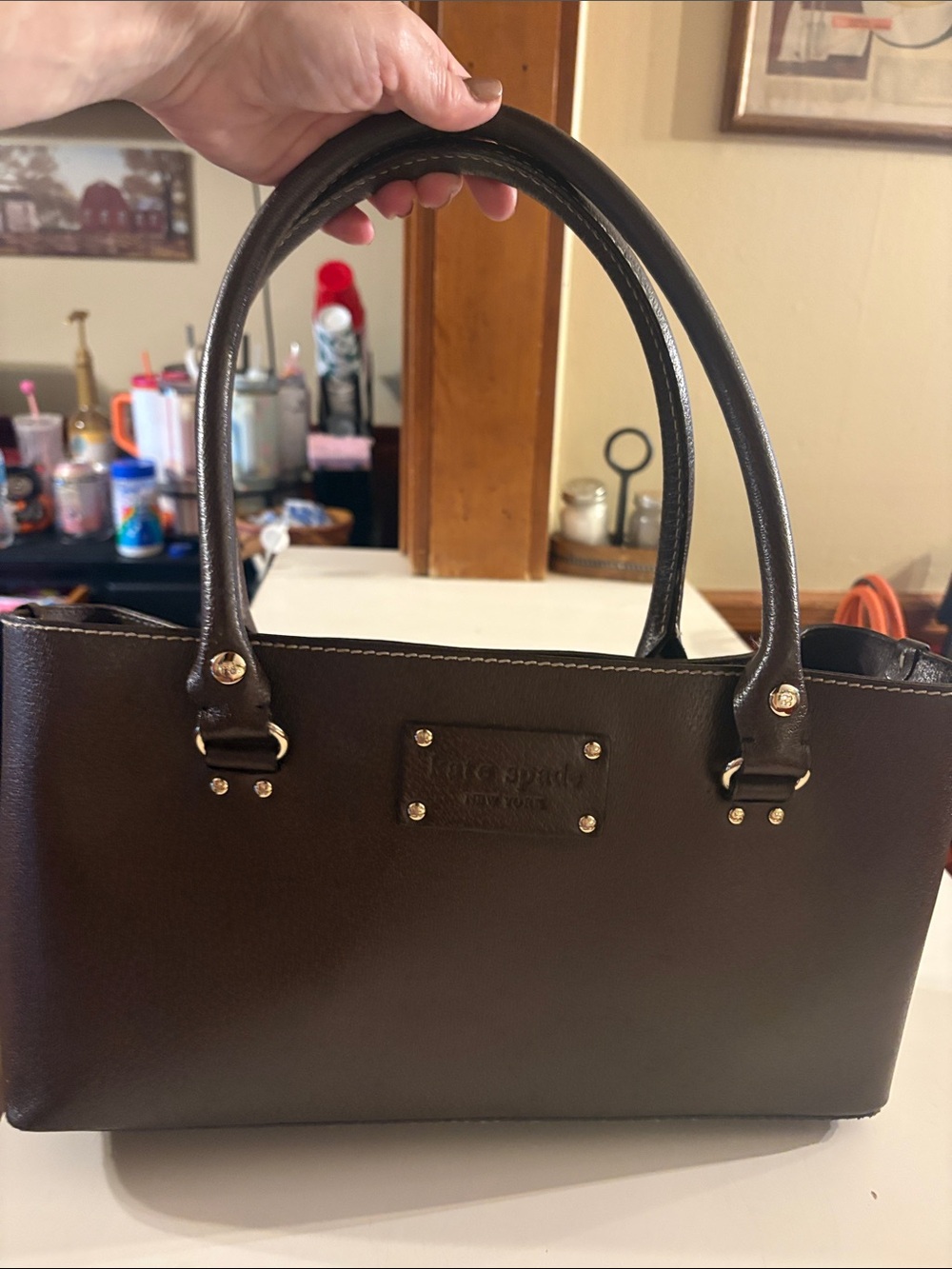 Authentic Kate Spade Brown Leather Tote Bag with Gold Hardware